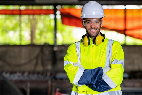 Mechanical engineer hold the arm in front of the work place.